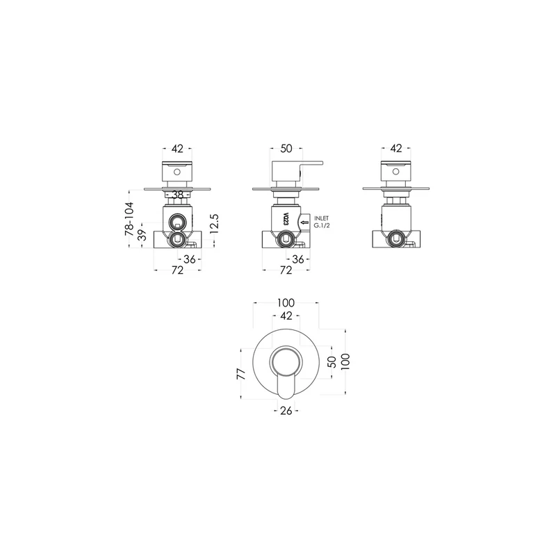 Nuie Arvan Concealed Diverter 2/3/4 Way Contemporary Chrome Brass 100x100x135mm