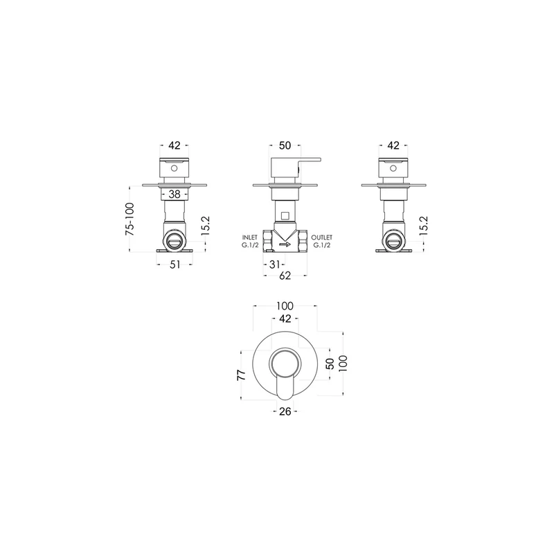 Nuie Arvan Concealed Stop Tap Contemporary Chrome Brass 100x100x135mm