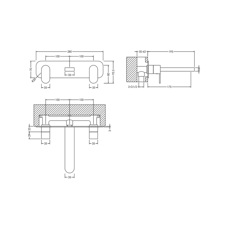 Nuie Binsey Wall Mounted 3 Tap Hole Basin Mixer With Plate Contemporary Chrome Brass 75x280x193mm