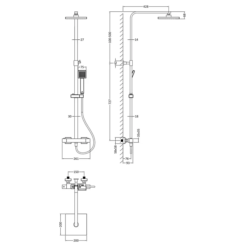 Cape Square Thermostatic Exposed Shower Kit - Chrome