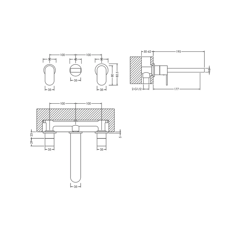 Nuie Binsey Wall Mounted 3 Tap Hole Basin Mixer Contemporary Chrome Brass 75x245x195mm