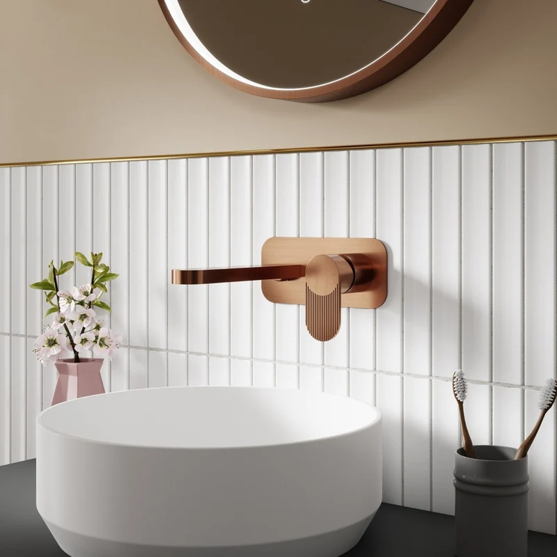 Nuie Cyprus Wall Mounted 2 Tap Hole Basin Mixer With Plate Contemporary Brushed Bronze Brass 108x180x193mm