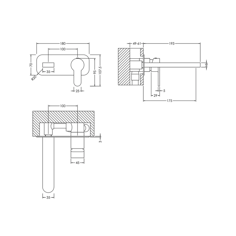 Nuie Arvan Wall Mounted 2 Tap Hole Basin Mixer With Plate Contemporary Matt Black Brass,plastic 108x180x193mm