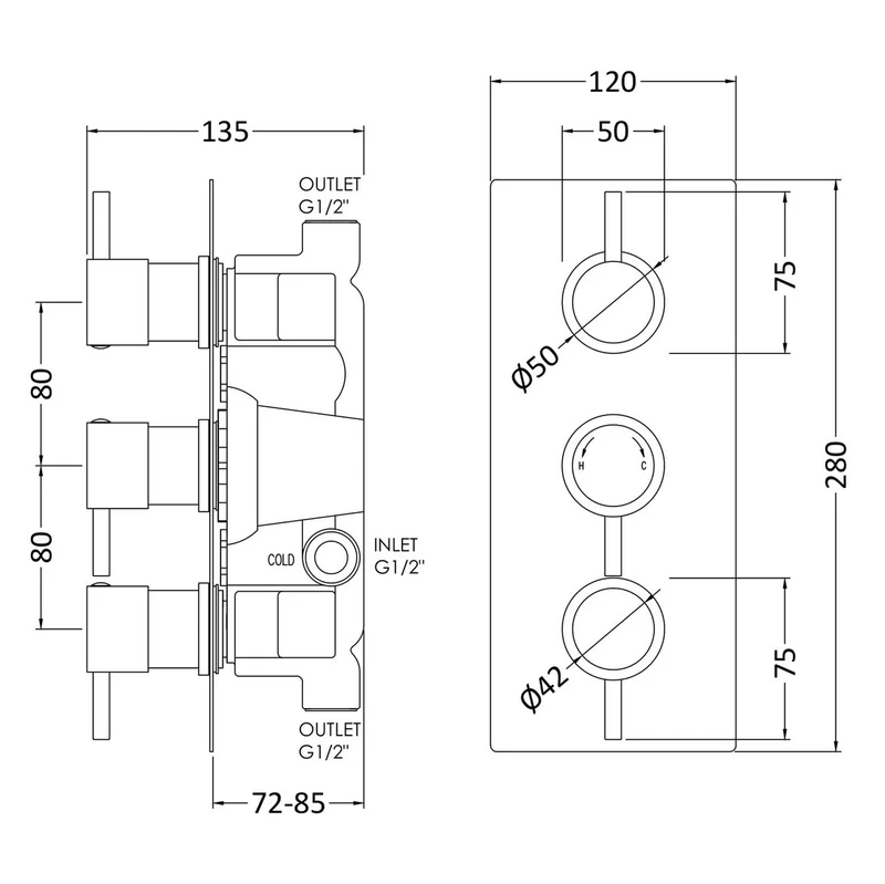 Jenson Round 2 Outlet Concealed Thermostatic Valve With 3 Handles