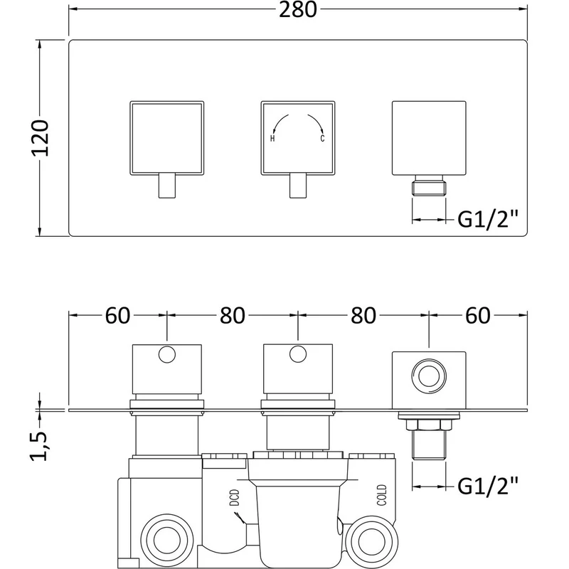 Jenson Square 2 Outlet Concealed Thermostatic Valve With Integrated Outlet