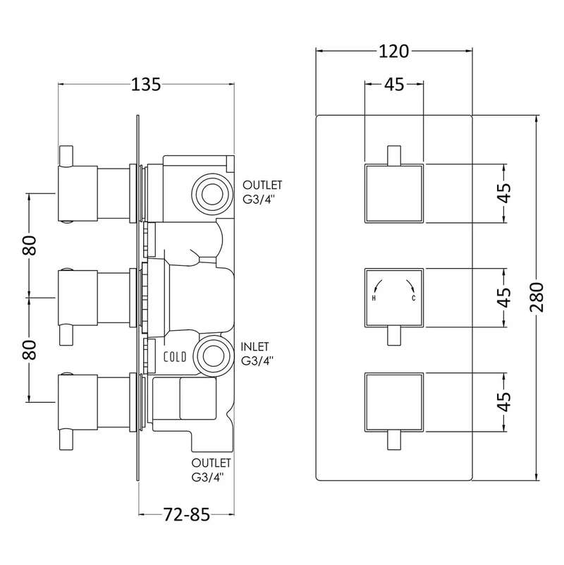 Jenson Square 3 Outlet Concealed Thermostatic Valve