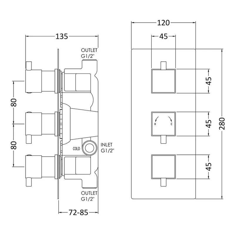 Jenson Square 2 Outlet Concealed Thermostatic Valve With 3 Handles