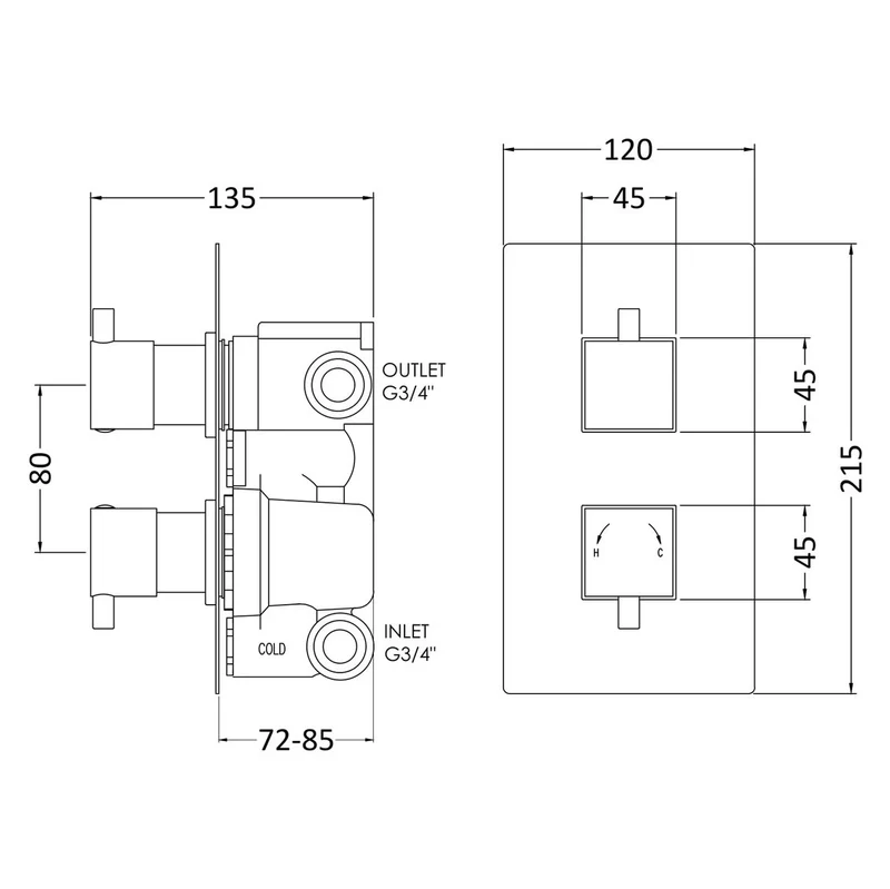 Jenson Square 2 Outlet Concealed Thermostatic Valve