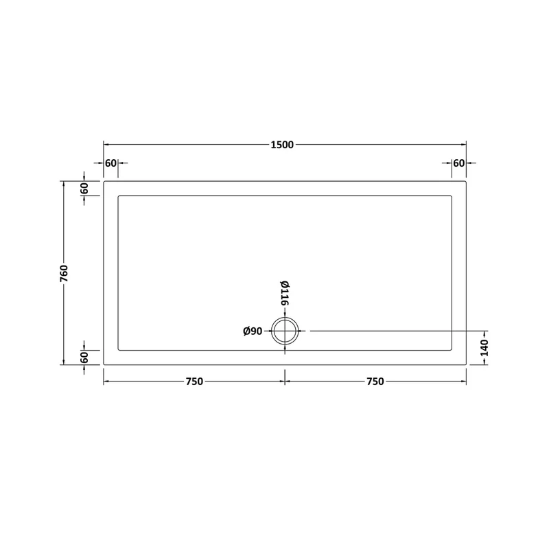 Nuie Rectangular Trays Rectangular Shower Tray 1500 X 760mm Contemporary White Acrylic Capped ABS Caco3 And Pu