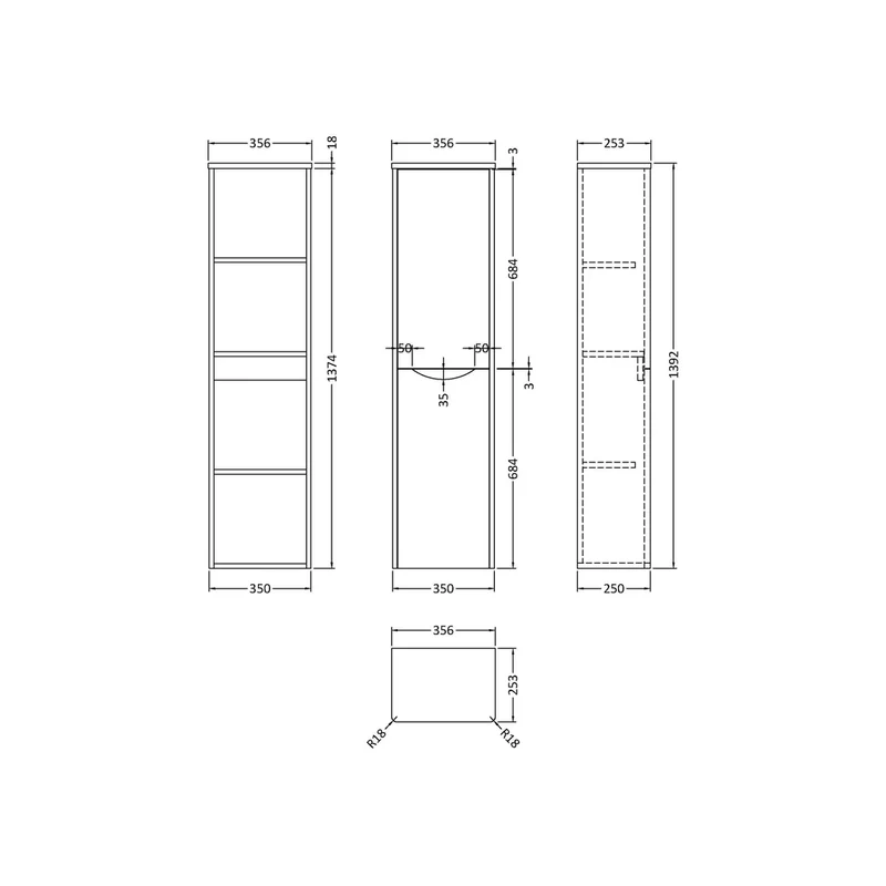 Nuie Lunar 350mm Tall Unit Contemporary Satin White MFC Painted Matt 1392x356x253mm