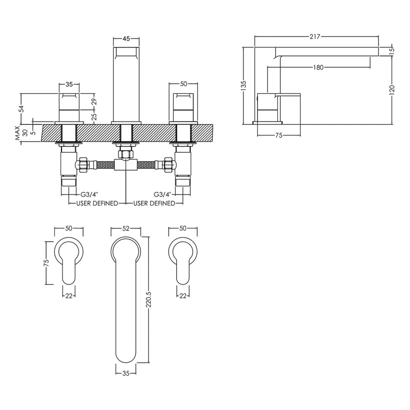 Lana Chrome 3 Hole Bath Filler Tap
