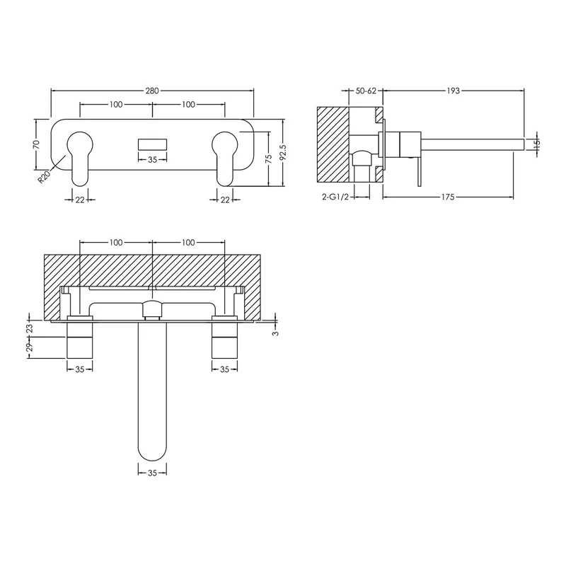 Lana Chrome 3 Hole Wall Mounted Basin Mixer Tap With Plate