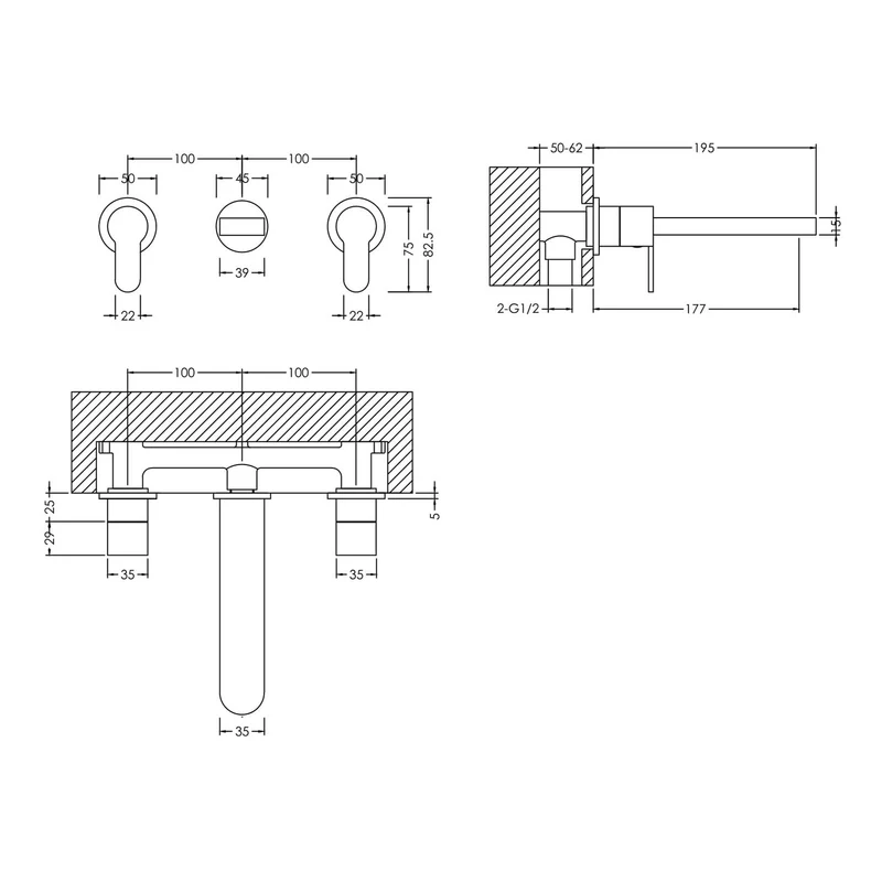 Lana Chrome 3 Hole Wall Mounted Basin Mixer Tap
