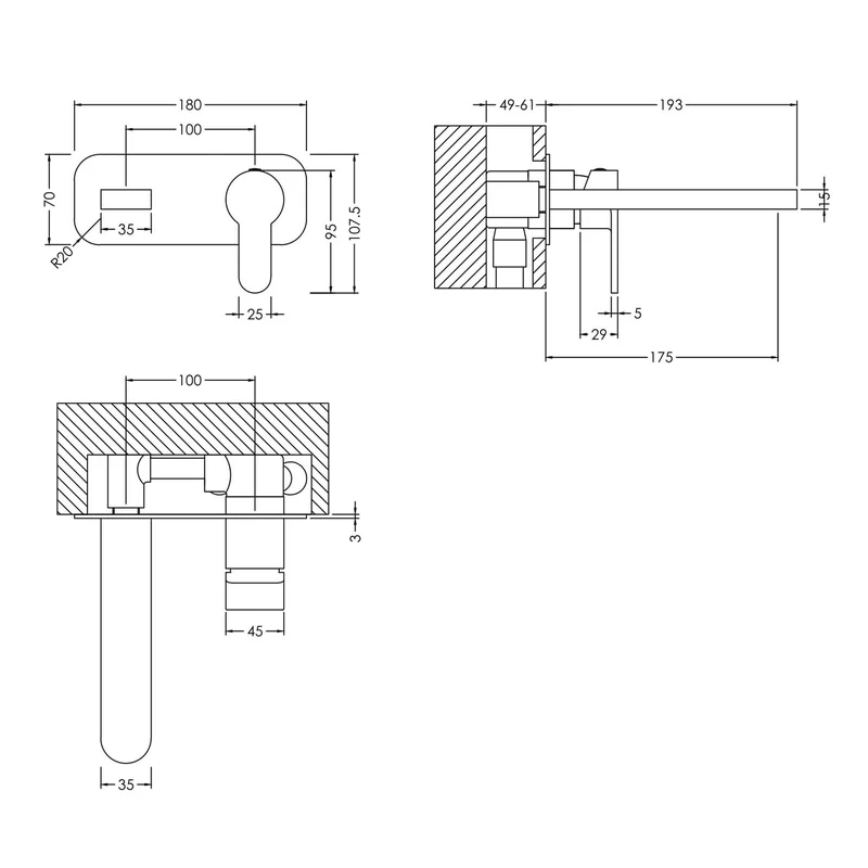 Lana Chrome 2 Hole Wall Mounted Basin Mixer Tap With Plate