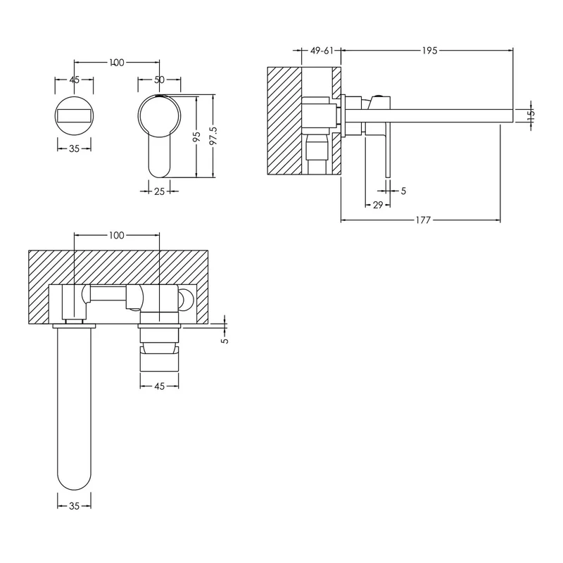 Lana Chrome 2 Hole Wall Mounted Basin Mixer Tap