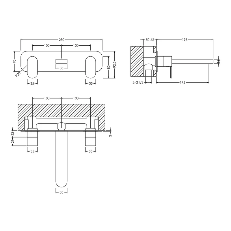 Capri Chrome 3 Hole Wall Mounted Basin Mixer With Plate