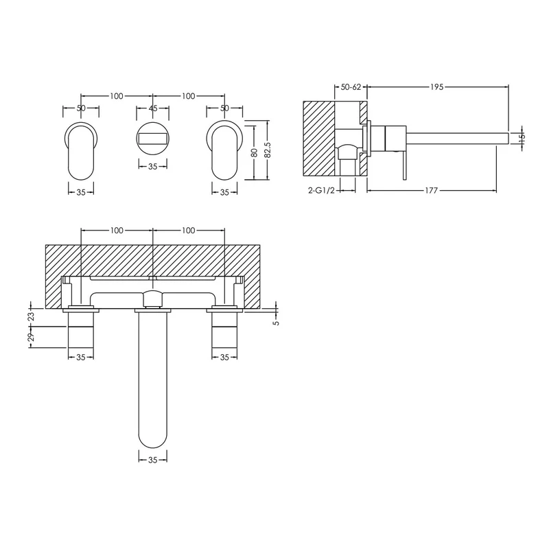 Capri Chrome 3 Hole Wall Mounted Basin Mixer