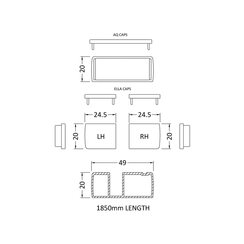 Nuie 1850mm Black Profile Extension Kit Contemporary Aluminium 1850x20x49mm
