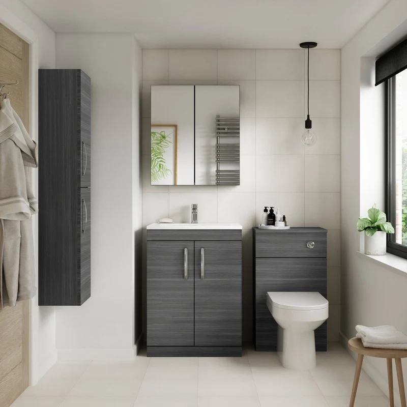 Nuie Fusion 600mm Mirror Unit (50/50) Contemporary Graphite Grey Woodgrain MFC Textured Woodgrain 715x600x182mm