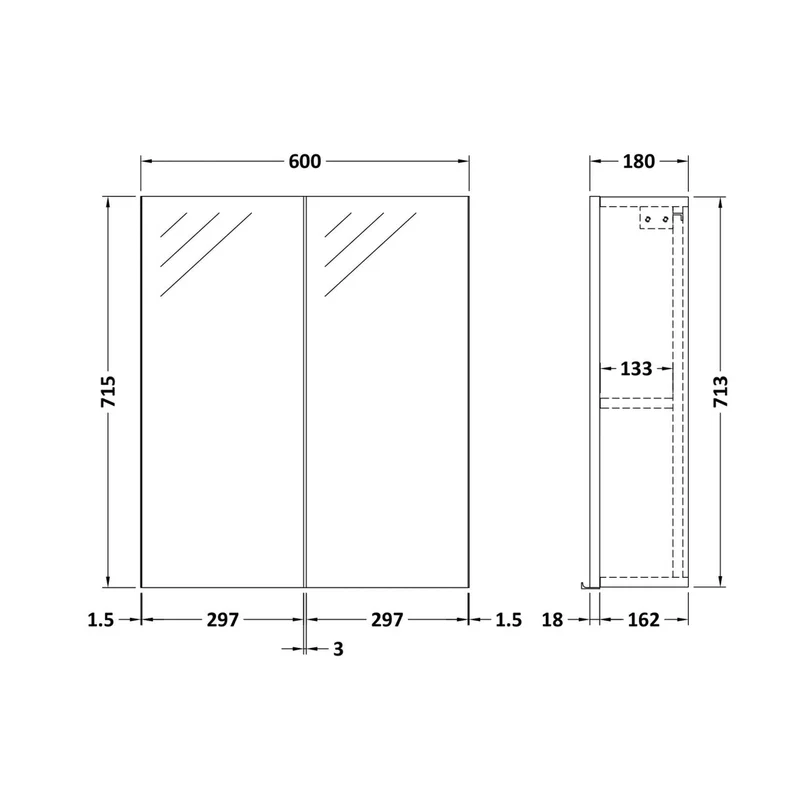 Nuie Arno 600mm Mirror Unit (50/50) Contemporary Satin Grey MFC Painted Matt 715x600x182mm