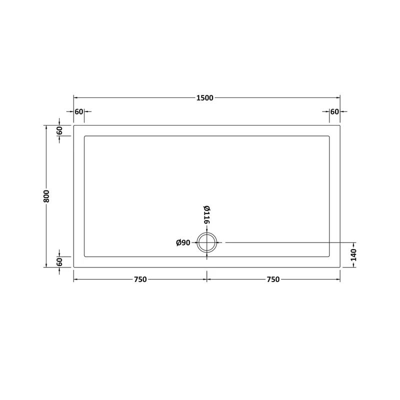 Nuie Rectangular Trays Slip Resistant Rectangular Shower Tray 1500 X 800mm Contemporary European White Acrylic Capped ABS Caco3 And Pu