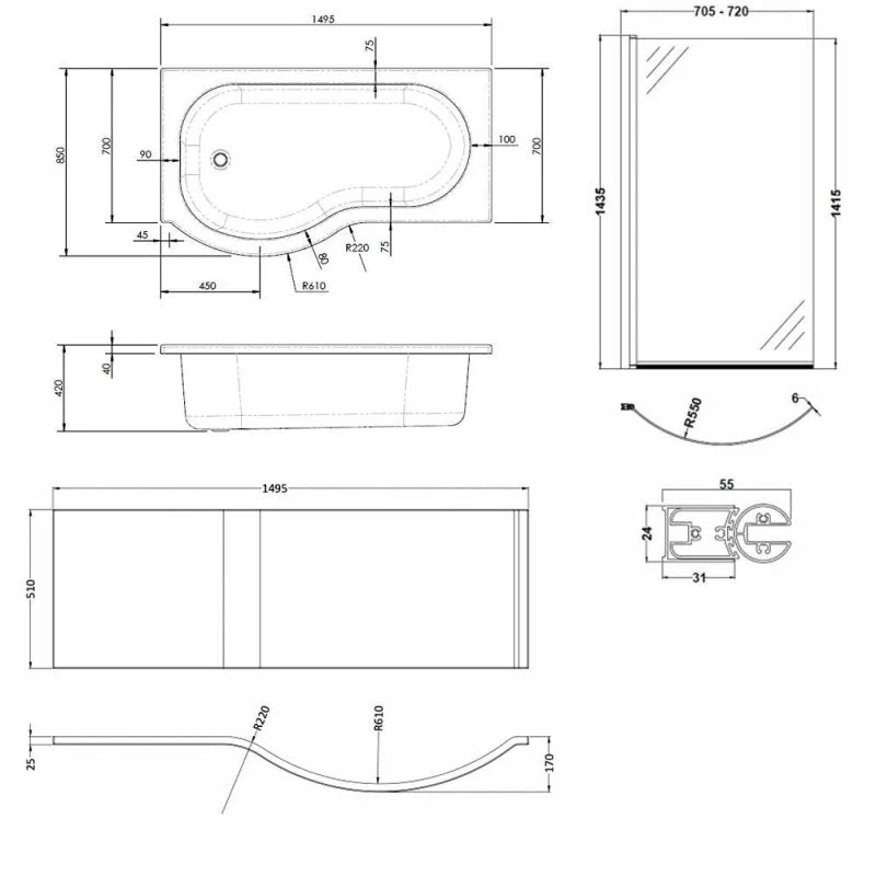 Capri Acrylic P Shape Shower Bath End Panel 700mm
