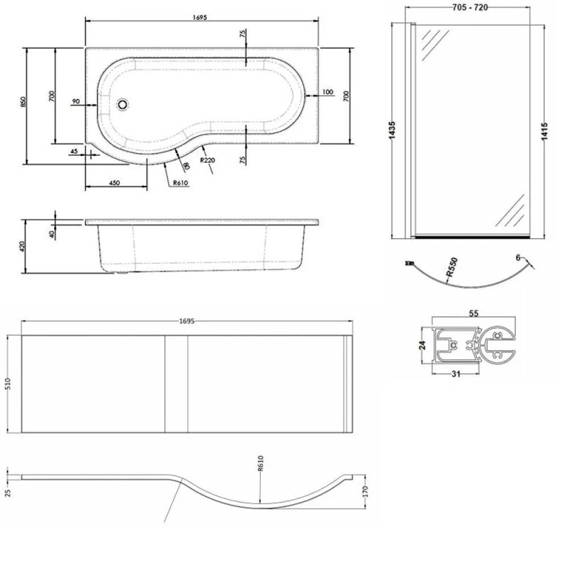 Capri Acrylic P Shape Shower Bath End Panel 700mm