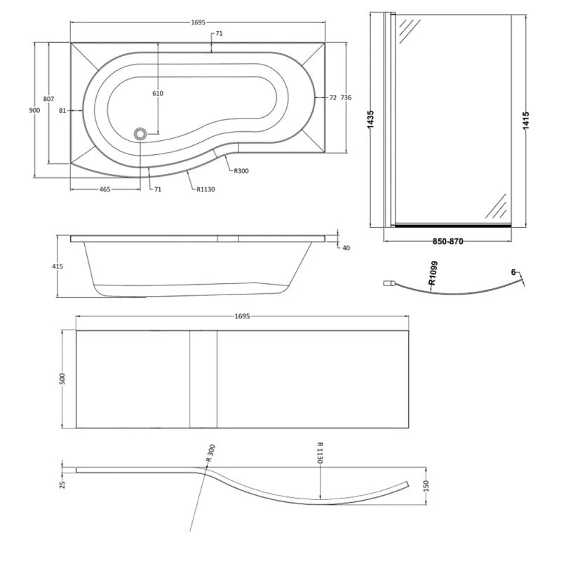 Capri Acrylic B Shape Shower Bath End Panel 750mm