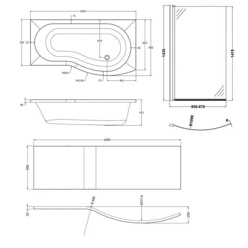Capri Acrylic B Shape Shower Bath Front Panel