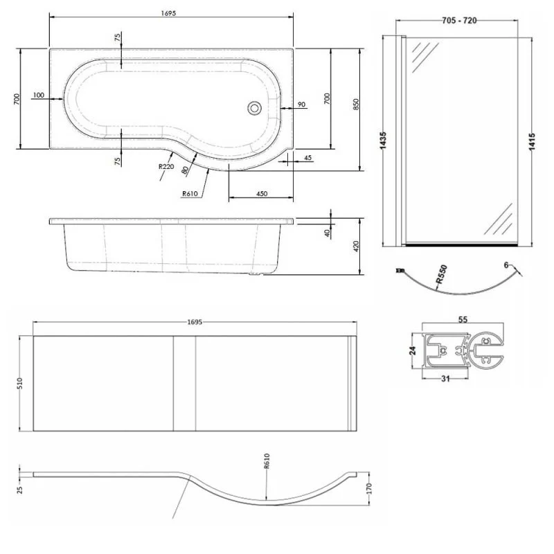 Capri P Shape Shower Bath With Screen & Front Panel 1700 x 850mm