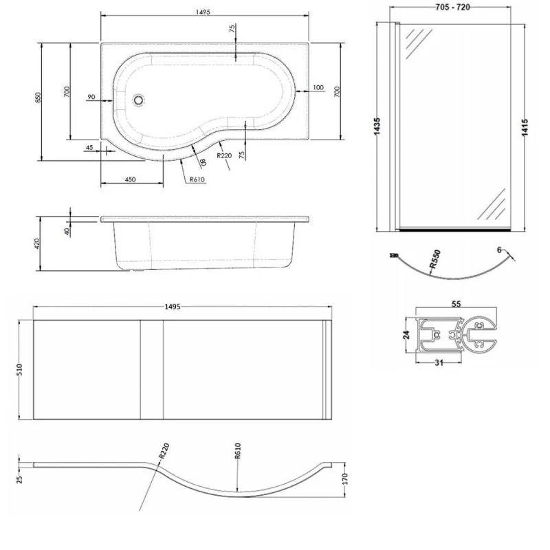 Capri P Shape Shower Bath With Screen & Front Panel 1500 x 850mm