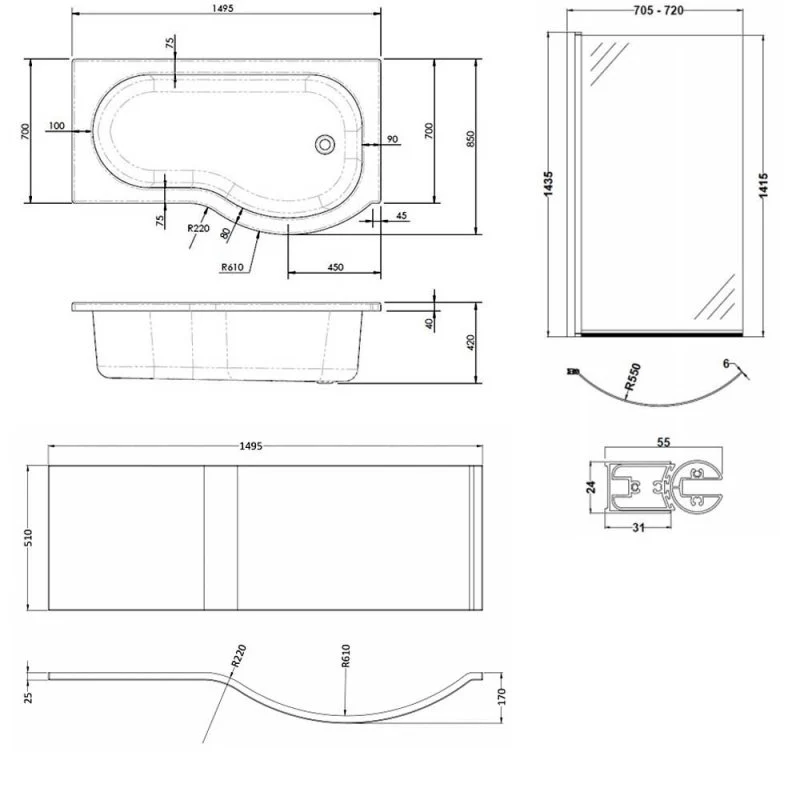 Capri P Shape Shower Bath With Screen & Front Panel 1500 x 850mm