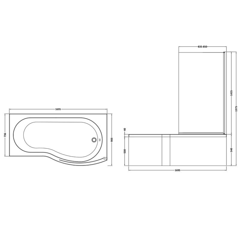 Capri B Shape Shower Bath With Screen & Front Panel 1700 x 900mm