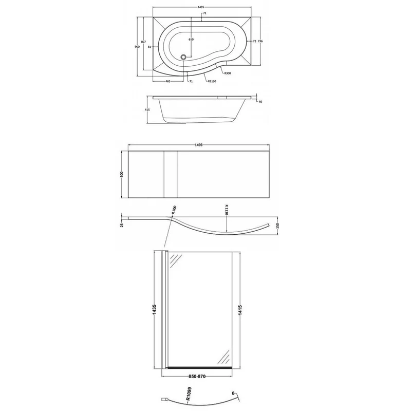 Capri B Shape Shower Bath With Screen & Front Panel 1500 x 900mm
