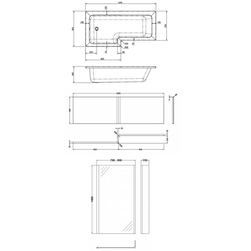 Cape L Shape Shower Bath With Screen & Front Panel 1700 x 850mm
