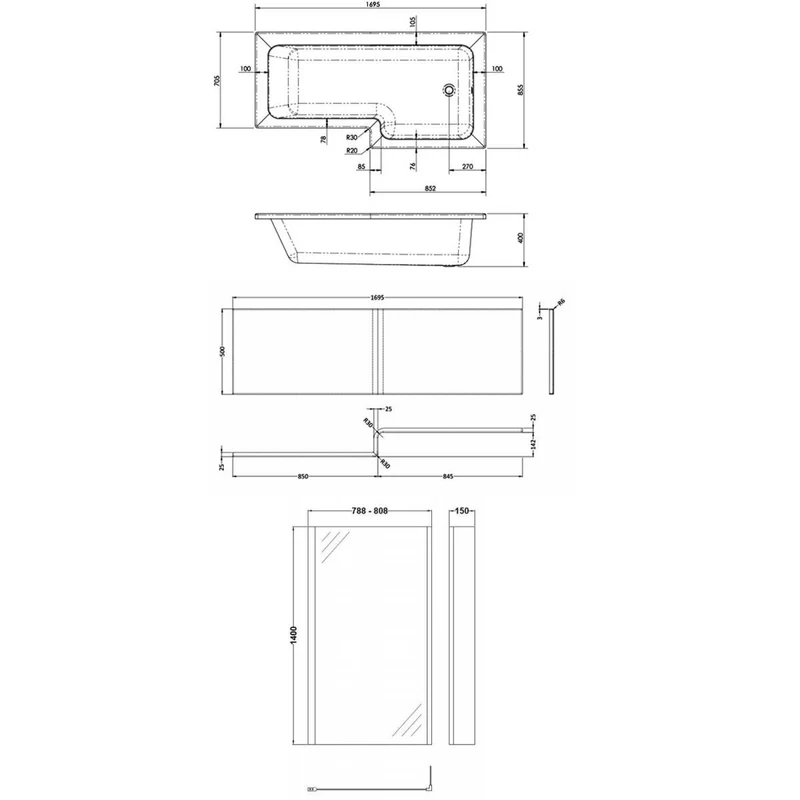 Cape L Shape Shower Bath With Screen & Front Panel 1700 x 850mm