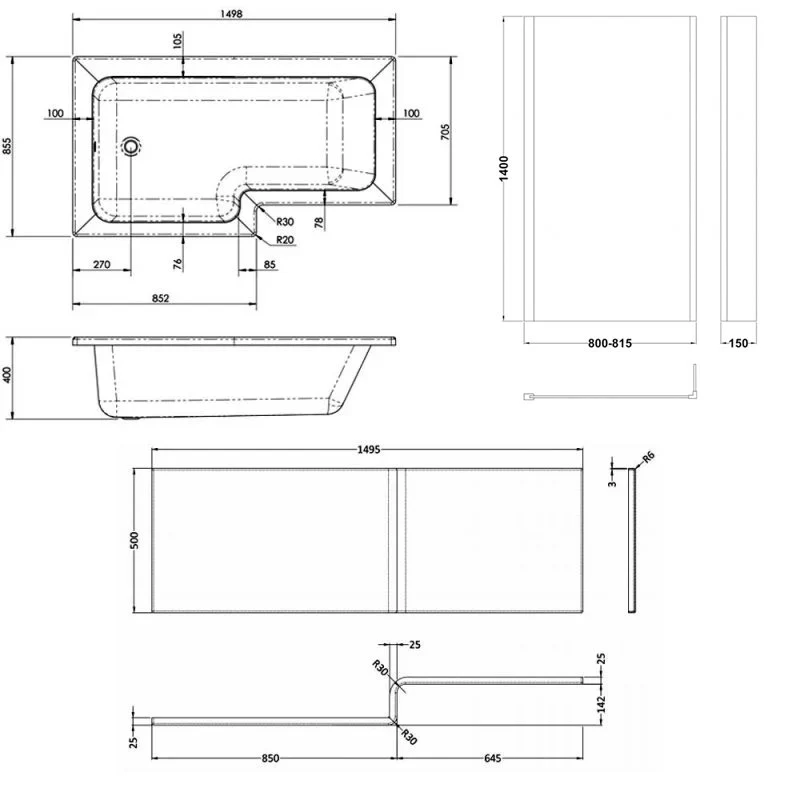 Cape L Shape Shower Bath With Screen & Front Panel 1500 x 850mm