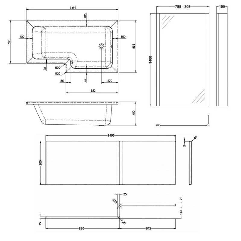 Cape L Shape Shower Bath With Screen & Front Panel 1500 x 850mm