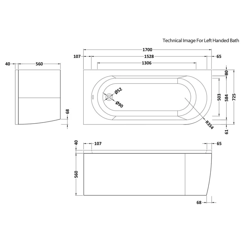 Capri Corner Bath With Panel 1700 x 725mm
