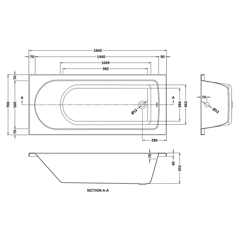 Capri Single Ended Bath 1600 x 700mm
