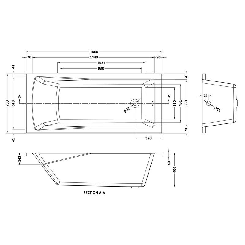 Cape Single Ended Bath 1600 x 700mm