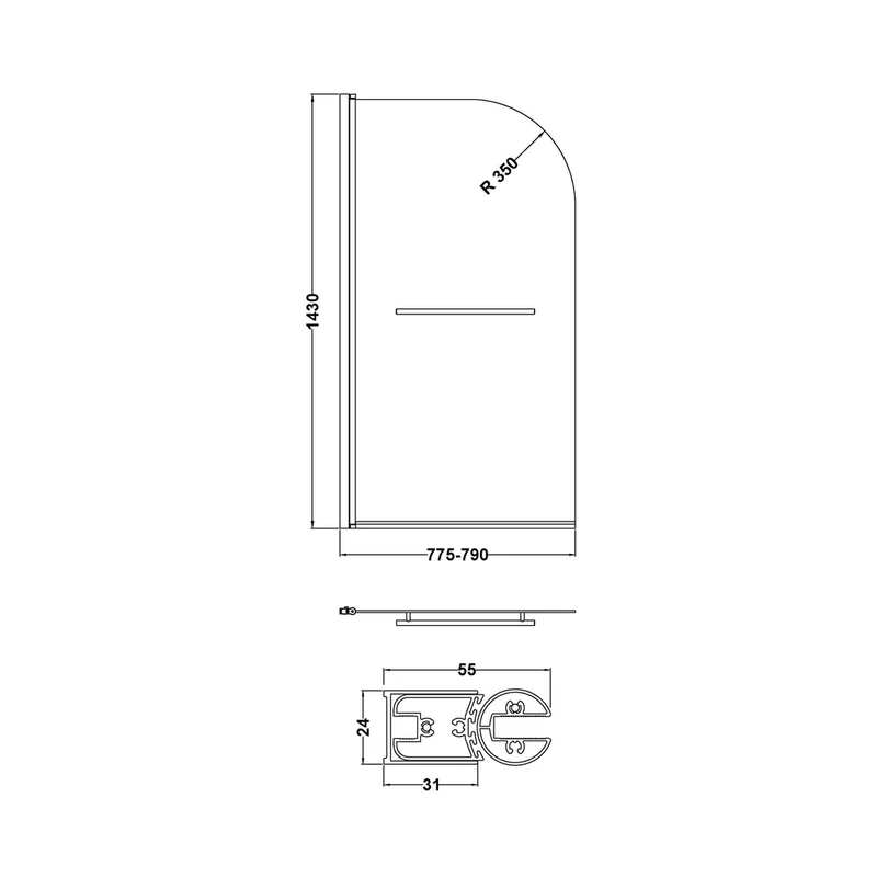 Nuie Round Bath Screen With Rail Contemporary Chrome Aluminium 1430x790x24mm