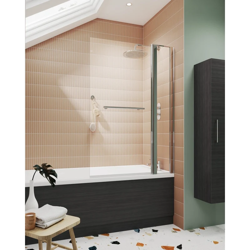 Nuie Square Bath Screen With Fixed Panel & Rail Contemporary Chrome Aluminium 1433x998x24mm