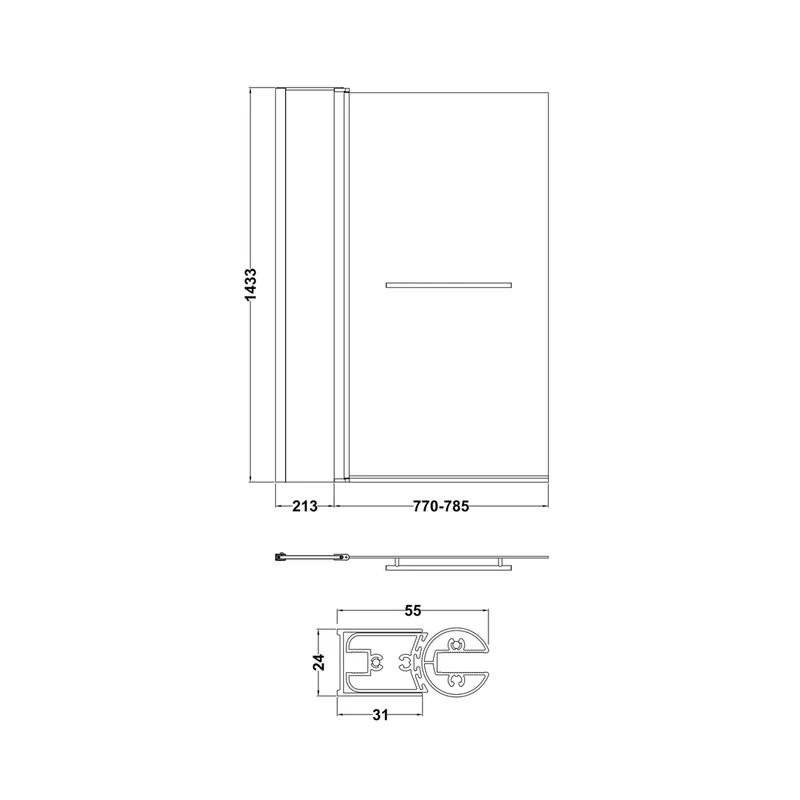 Nuie Square Bath Screen With Fixed Panel & Rail Contemporary Chrome Aluminium 1433x998x24mm