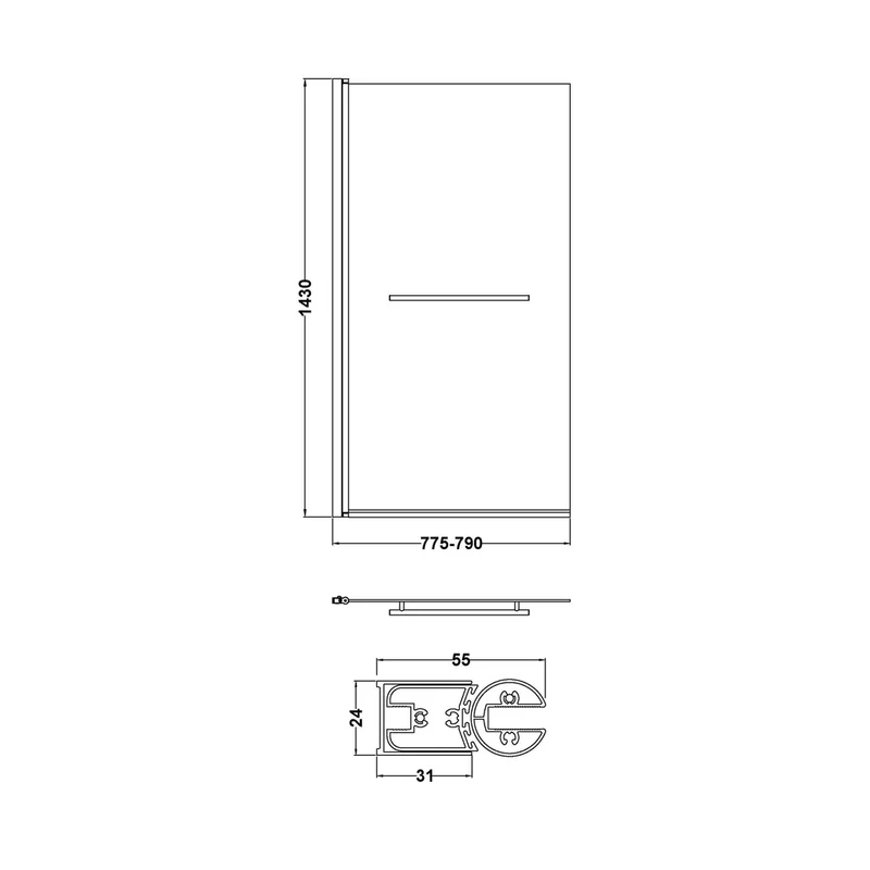 Nuie Square Bath Screen With Rail Contemporary Chrome Aluminium 1430x790x24mm