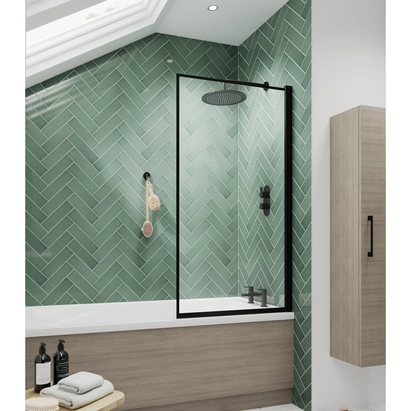 Nuie Outer Framed Bath Screen Contemporary Matt Black Aluminium 1430x790x24mm