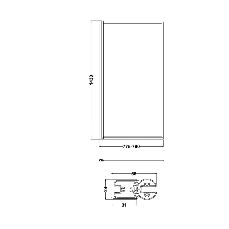 Nuie Outer Framed Bath Screen Contemporary Matt Black Aluminium 1430x790x24mm