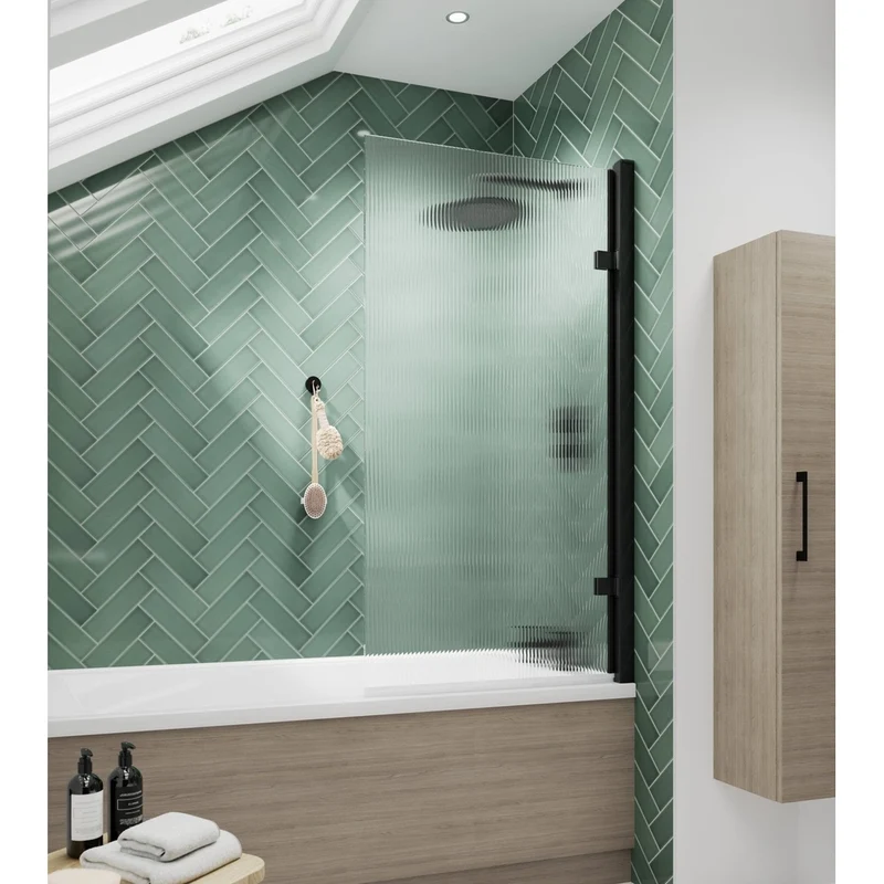 Nuie Square Hinged Fluted Bath Screen - 8mm Contemporary Matt Black Aluminium 1520x830x24mm
