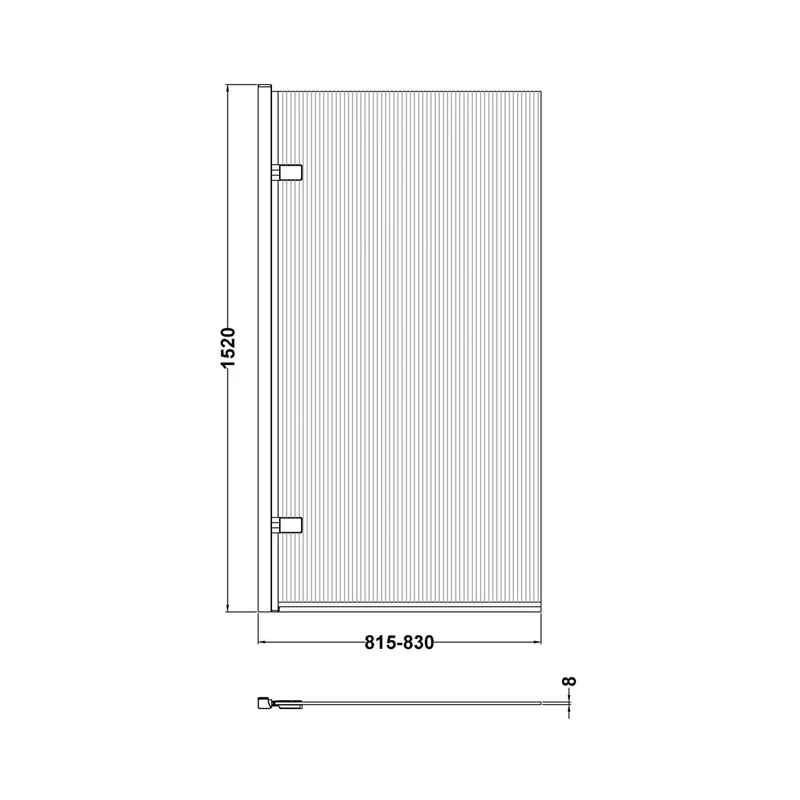 Nuie Square Hinged Fluted Bath Screen - 8mm Contemporary Matt Black Aluminium 1520x830x24mm