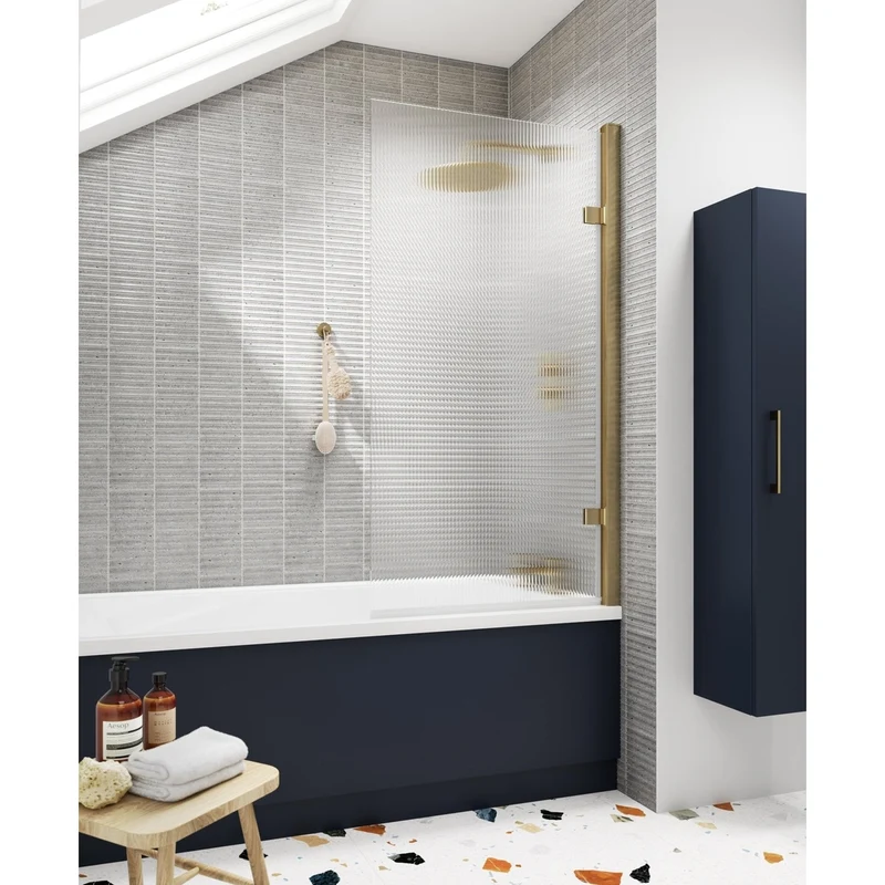 Nuie Square Hinged Fluted Bath Screen - 8mm Contemporary Brushed Brass Aluminium 1520x830x24mm